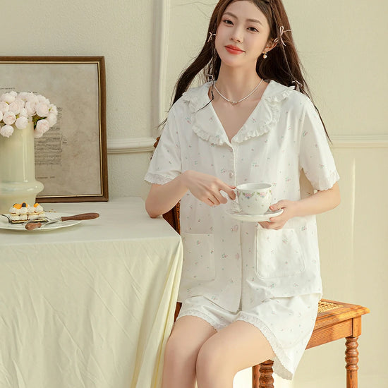 Slessic Vintage Romantic Cute Palace Style Lace Embroidered Ruffled Edge Floral Pattern Short Pajamas Set Loungewear Nightwear