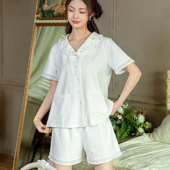 Slessic Vintage Romantic Cute Palace Style Lace Embroidered Ruffled Edge Floral Pattern Short Pajamas Set Loungewear Nightwear