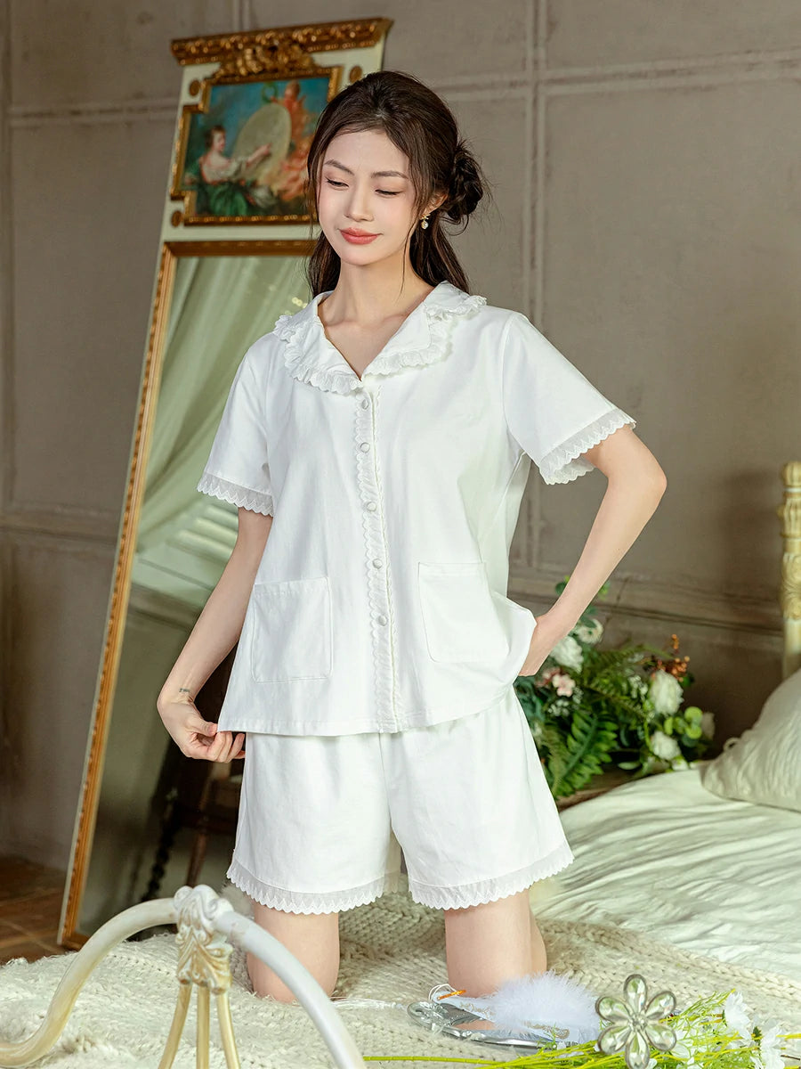 Slessic Vintage Romantic Cute Palace Style Lace Embroidered Ruffled Edge Floral Pattern Short Pajamas Set Loungewear Nightwear