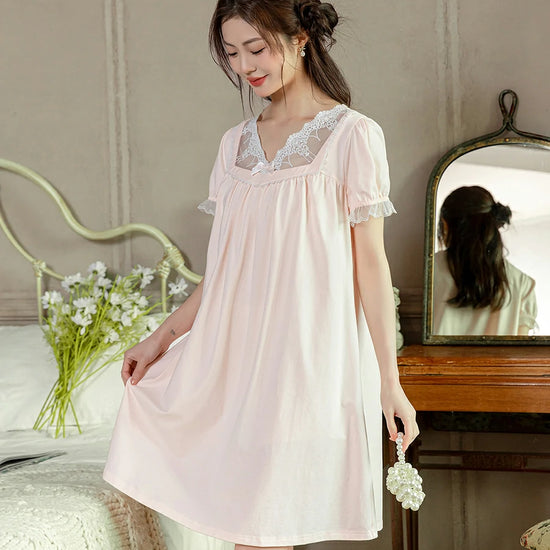 Slessic Vintage Romantic Large Transparent Sexy Lace Embroidered Bow Wrinkled Style Short-Sleeved Nightdress Nightwear Sleepwear