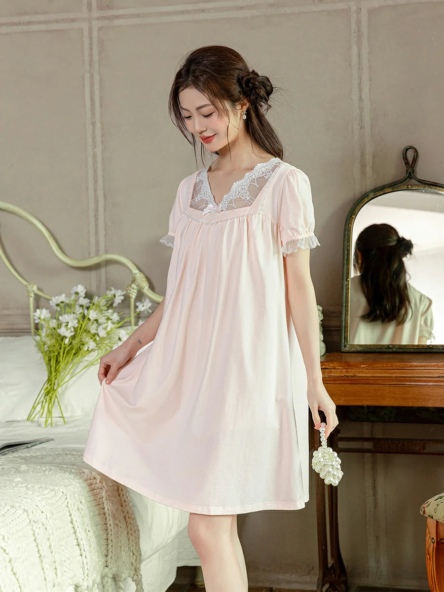 Slessic Vintage Romantic Large Transparent Sexy Lace Embroidered Bow Wrinkled Style Short-Sleeved Nightdress Nightwear Sleepwear