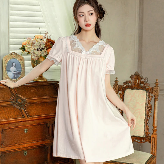 Slessic Vintage Romantic Large Transparent Sexy Lace Embroidered Bow Wrinkled Style Short-Sleeved Nightdress Nightwear Sleepwear