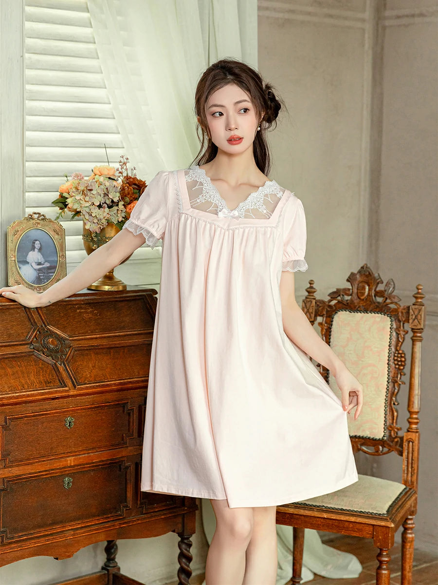 Slessic Vintage Romantic Large Transparent Sexy Lace Embroidered Bow Wrinkled Style Short-Sleeved Nightdress Nightwear Sleepwear