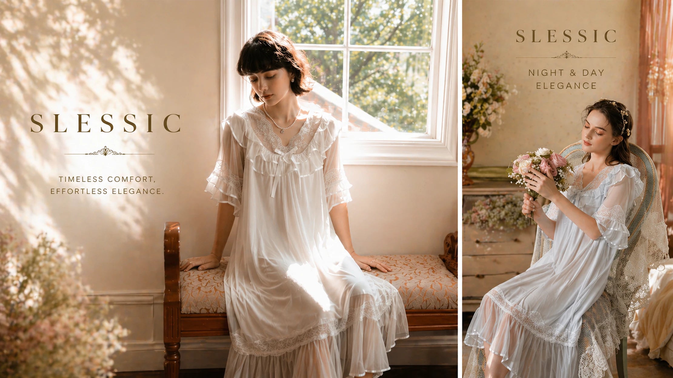 Slessic brand campaign featuring models in vintage-inspired lace nightgowns, representing timeless comfort and effortless elegance