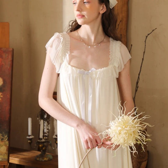Slessic romantic cream maxi sleep dress with delicate ribbon detail and feminine cottagecore nightwear aesthetic