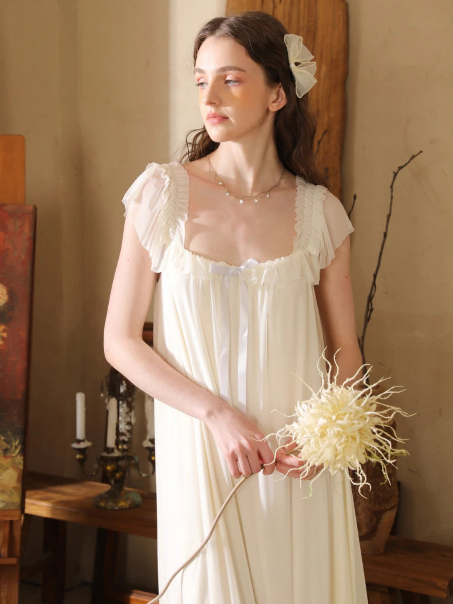Slessic romantic cream maxi sleep dress with delicate ribbon detail and feminine cottagecore nightwear aesthetic