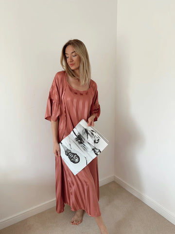 Slessic Pink Striped Satin Nightgown and Robe Set - 2-Piece Silk-Like Long Sleepwear & Kimono Bathrobe for Women
