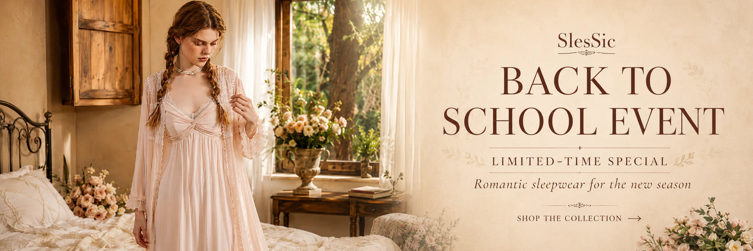 SlesSic Back to School event featuring a woman in a blush pink lace nightgown in a warm vintage bedroom.