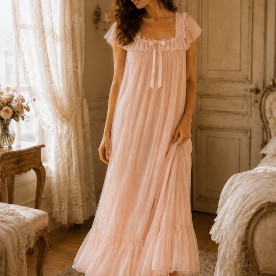 SlesSic romantic pink ruffle nightgown with flowy vintage inspired silhouette