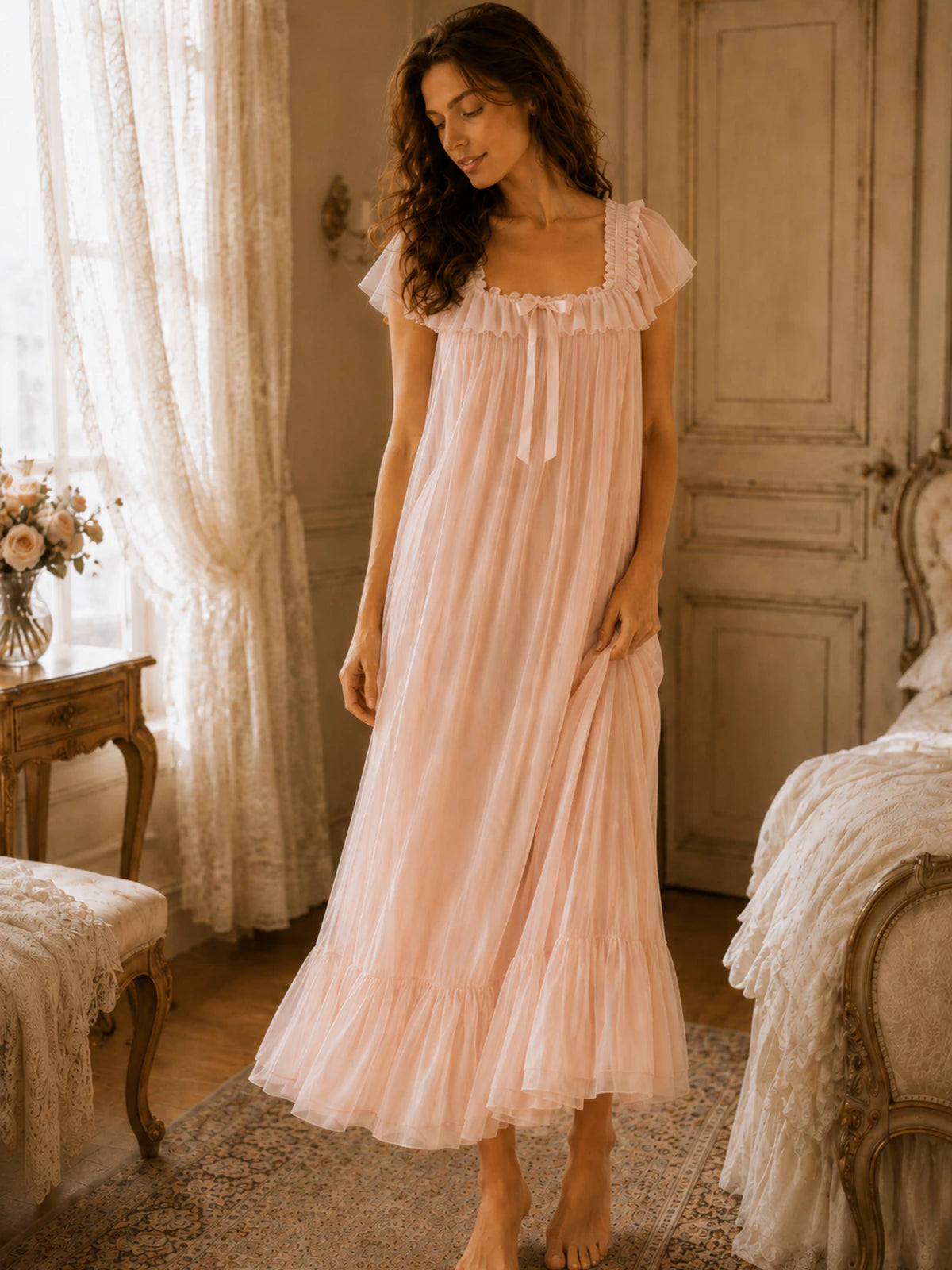 Romantic Ruffle Flowy Maxi Nightgown
