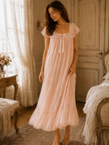 SlesSic romantic pink ruffle nightgown with flowy vintage inspired silhouette