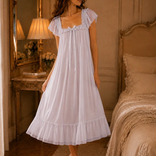 Lavender lilac ruffle nightgown with soft feminine cottagecore aesthetic