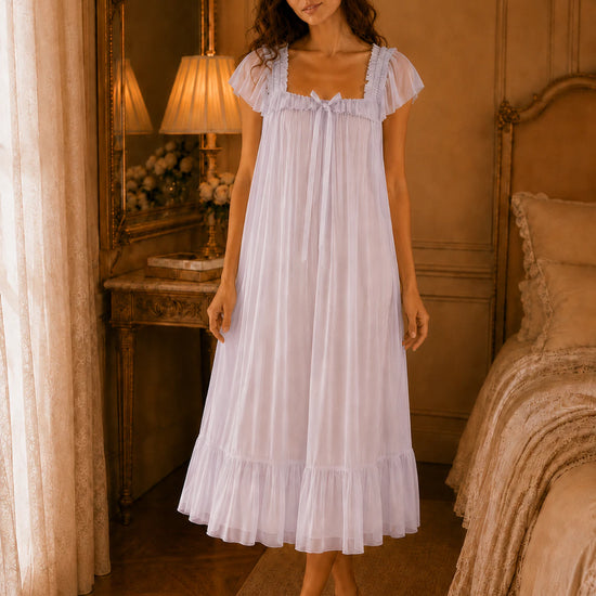Flowy pastel purple vintage sleep dress with gathered neckline