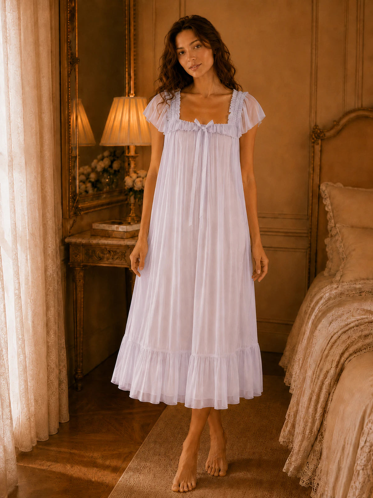 Flowy pastel purple vintage sleep dress with gathered neckline