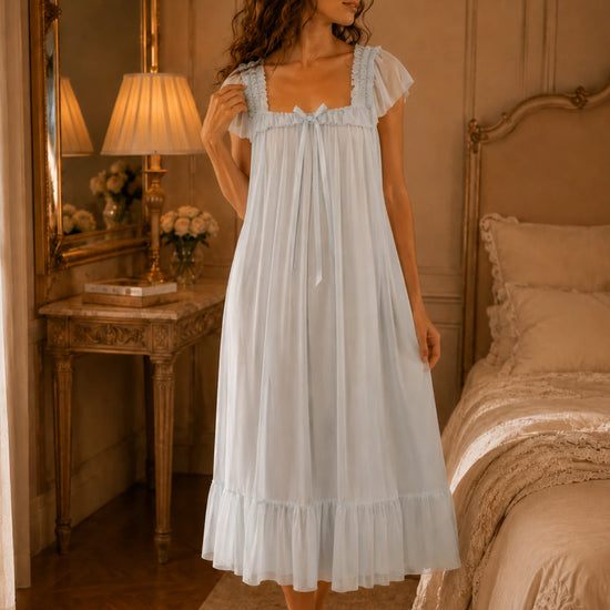 Powder blue romantic maxi nightdress with vintage inspired flutter sleeves