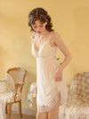Side view white lace trim slip nightdress with soft drape and feminine fit