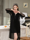 Black sheer lace robe and slip nightgown set with long sleeve layering
