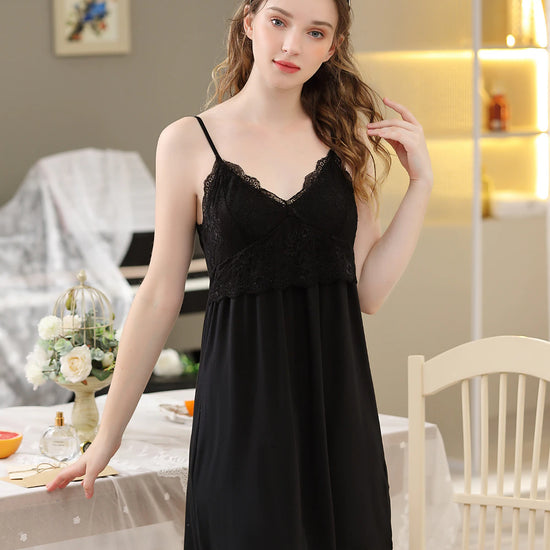 Black modal slip nightgown with lace bust and soft V neckline
