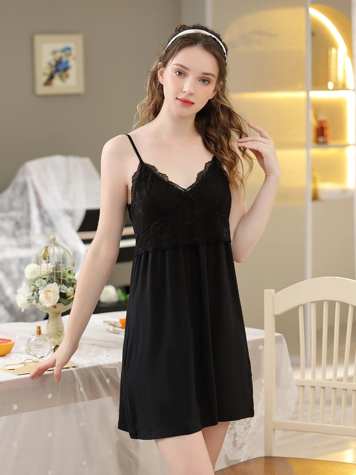 Black modal slip nightgown with lace bust and soft V neckline