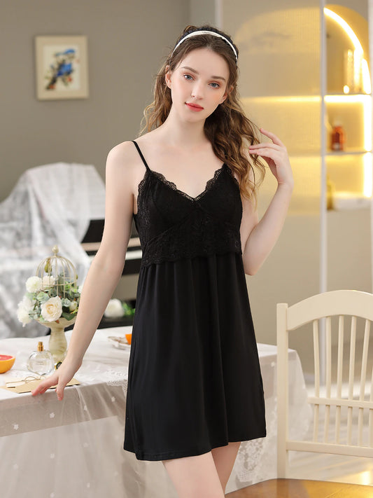Black modal slip nightgown with lace bust and soft V neckline