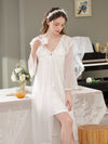White sheer lace robe and slip nightgown set with romantic layered styling