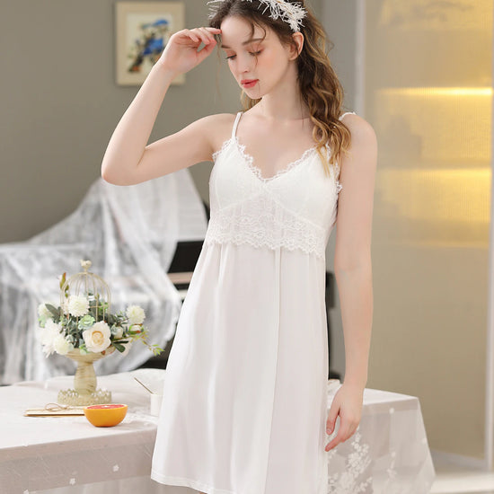 White lace robe slip nightgown set with soft drape and delicate sleeve detail