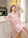 Pink sheer robe and modal slip nightgown set with lace bust