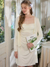 Light yellow cardigan slip nightdress set with gathered bust and smooth drape