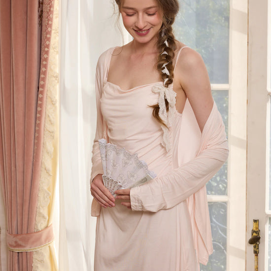 Light pink draped sleepwear set with cardigan sleeve and slip dress layer
