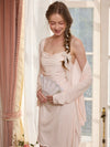Light pink draped sleepwear set with cardigan sleeve and slip dress layer