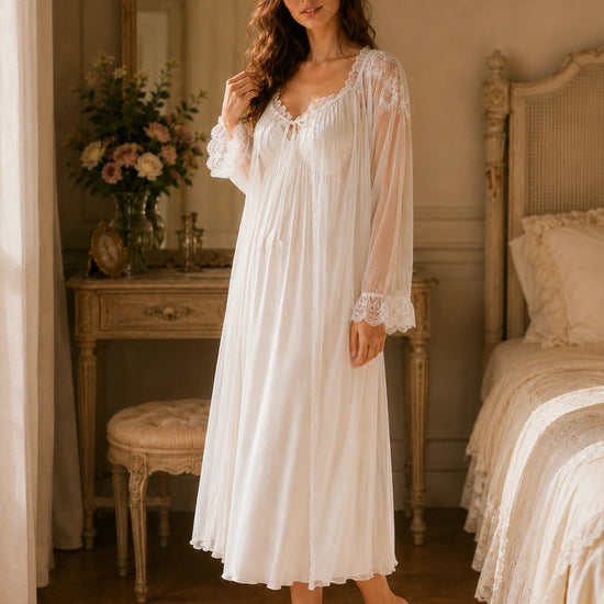 White vintage lace sleepwear set with long sheer robe