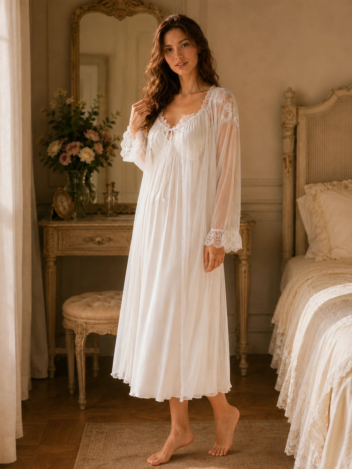 White vintage lace sleepwear set with long sheer robe