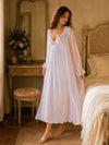 Light purple sheer long robe with floral lace shoulder panels