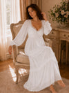 White lace trim long sleeve nightgown with flowing romantic silhouette