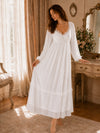 White lace trim long sleeve sleep dress styled in vintage bedroom setting