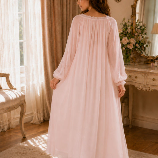 Back view pink lace trim long sleeve nightgown with flowing skirt