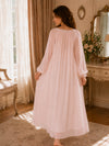 Back view pink lace trim long sleeve nightgown with flowing skirt