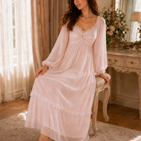 Pink long sleeve lace nightgown with soft lined bodice and relaxed drape