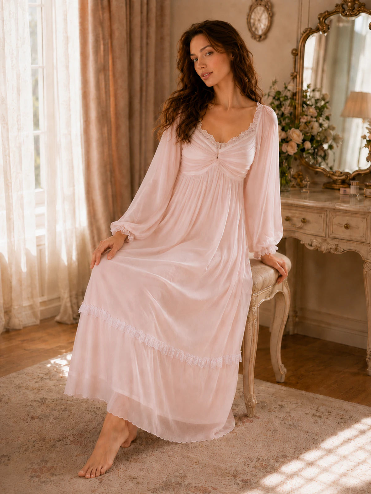 SlesSic Romantic Lace Long Sleeve Nightgown – Soft Lined Sleepwear Pink / S