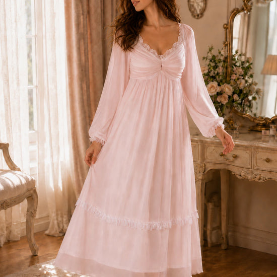 Pink romantic long sleeve nightgown with lace neckline and flowing length