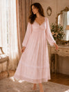 Pink romantic long sleeve nightgown with lace neckline and flowing length