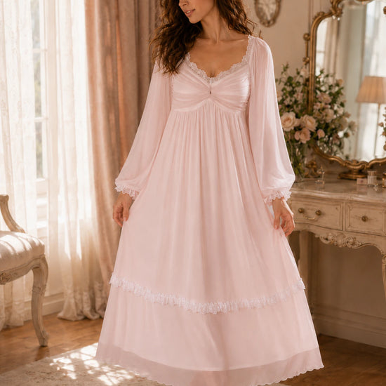 Pink lace trim long sleeve nightgown with feminine vintage-inspired silhouette