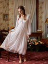 Full-length pink nightgown view highlighting the airy mesh overlay and flowing tiered skirt