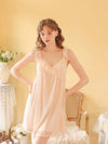 Pink floral mesh cami nightdress shown from the front with lace-edged ruffle straps