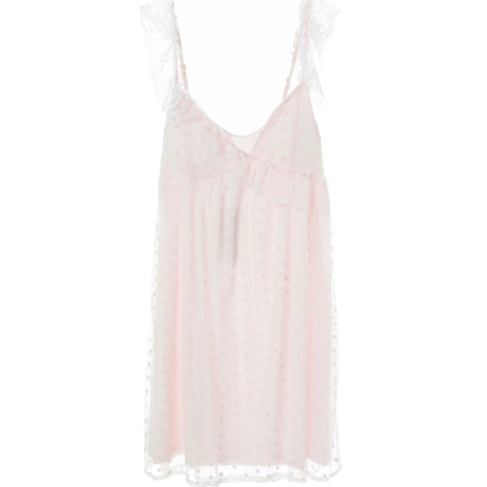 Light pink floral mesh cami nightdress displayed to show the ruffled straps and flared hem