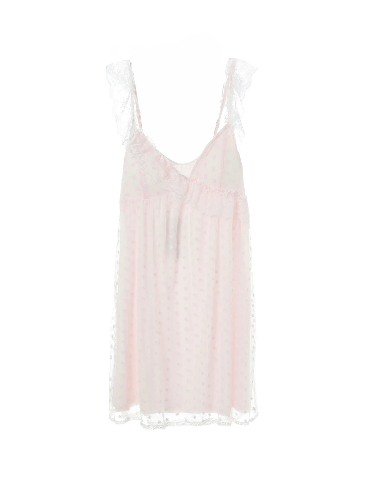 Light pink floral mesh cami nightdress displayed to show the ruffled straps and flared hem
