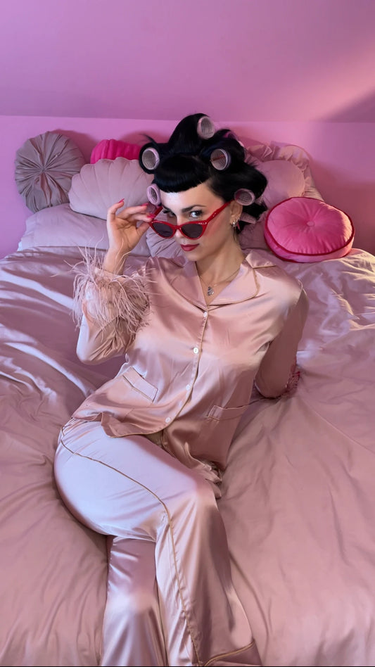 Slessic Classic Spring And Summer Fancy Satin Detachable Ostrich Feather Long-Sleeved Pocket Nightwear Sleepwear Loungewear Pajama Set