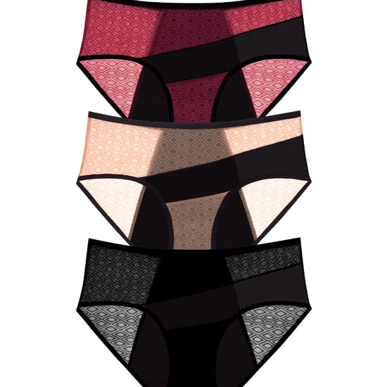 Three-piece leakproof period underwear set in red nude and black
