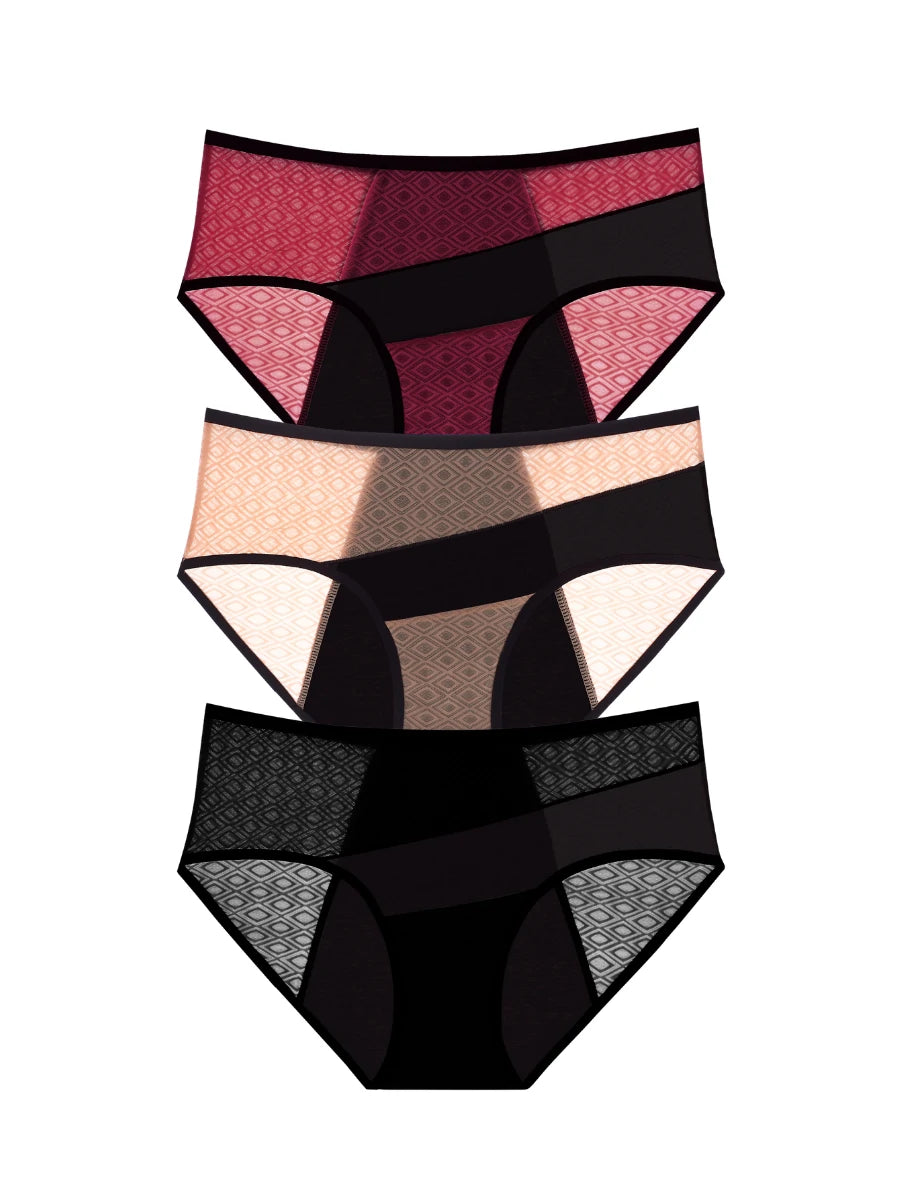 Three-piece leakproof period underwear set in red nude and black