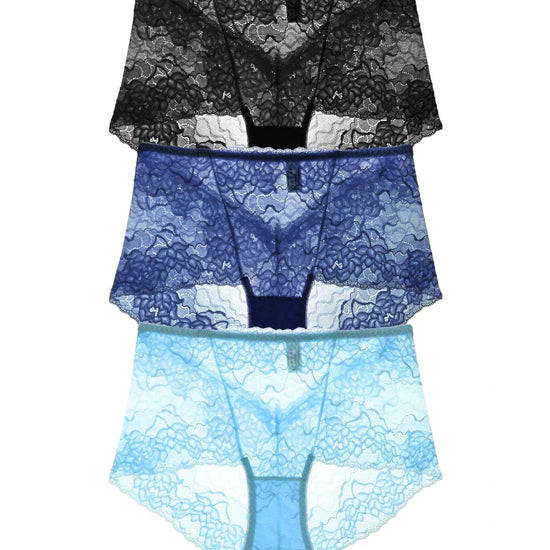 Sheer lace panties set in black navy and light blue